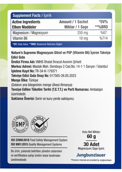 Magnesium Citrate + Vitamin B6 (P5P) 30 Saşe