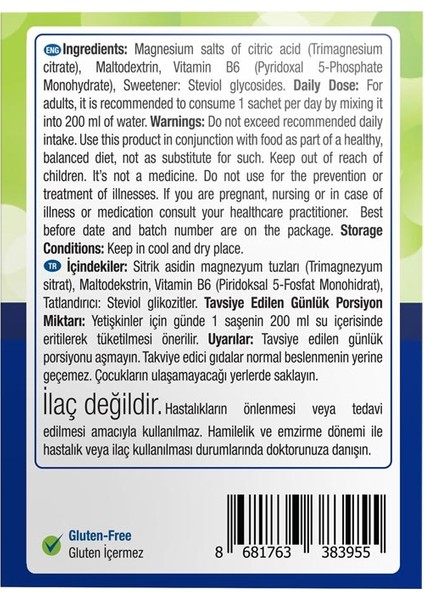 Magnesium Citrate + Vitamin B6 (P5P) 30 Saşe