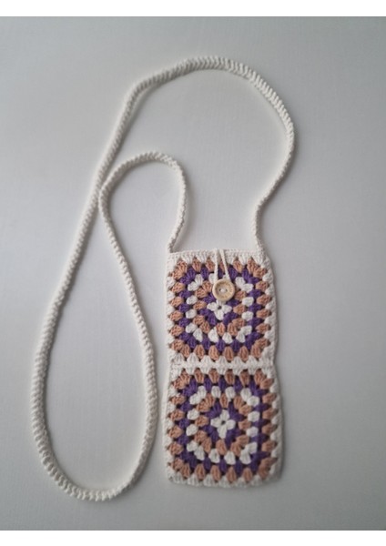 Beyaz-Mor El Örgüsü Motifli Telefon Çantası