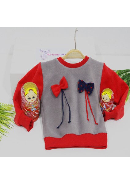 Çift Fiyonklu Kız Çocuk Polar Sweatshirt Bisiklet Yaka Gri - Kırmızı 1- 10 Yaş