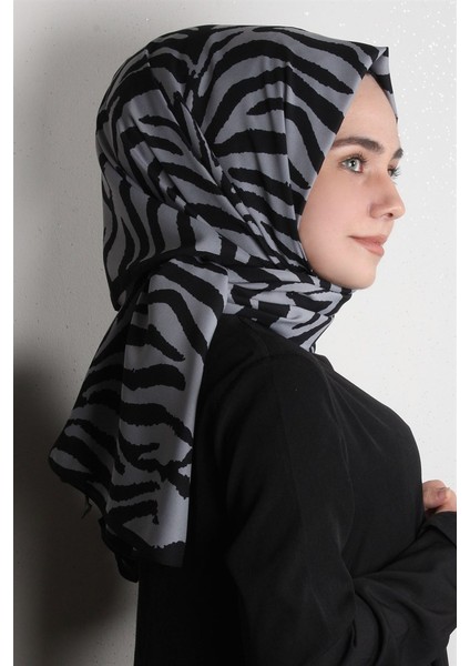 Medine Desenli Şal Eşarppark 1840-34 Zebra Siyah-Gri