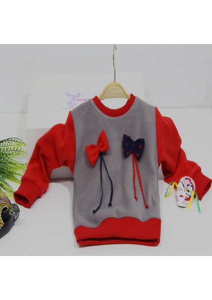 Çift Fiyonklu Kız Çocuk Polar Sweatshirt Bisiklet Yaka Gri - Kırmızı 1- 10 Yaş