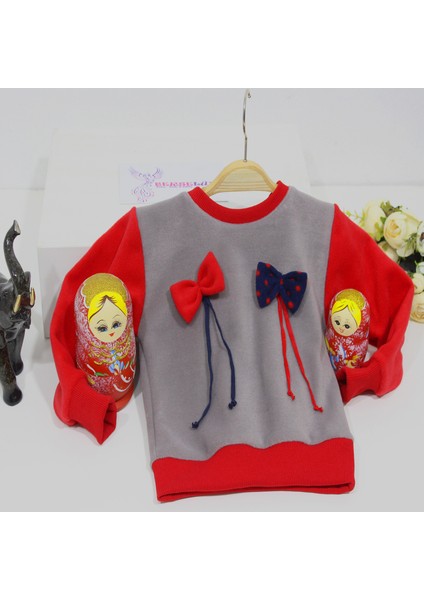 Çift Fiyonklu Kız Çocuk Polar Sweatshirt Bisiklet Yaka Gri - Kırmızı 1- 10 Yaş fiyatları