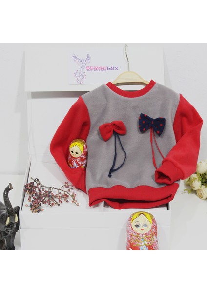 Çift Fiyonklu Kız Çocuk Polar Sweatshirt Bisiklet Yaka Gri - Kırmızı 1- 10 Yaş modelleri