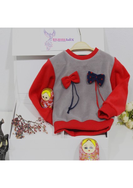 Çift Fiyonklu Kız Çocuk Polar Sweatshirt Bisiklet Yaka Gri - Kırmızı 1- 10 Yaş indirimleri