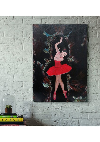 El Yapımı Karanlığın Içindeki Kırmızı Balerin Akrilik Tuval Tablo (30X50 Cm)
