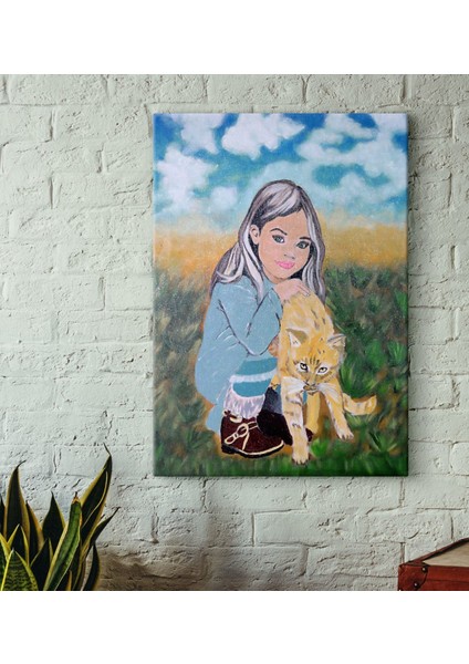 El Yapımı Küçük Kız ve Kedisi Akrilik Tuval Tablo (50X70 Cm)