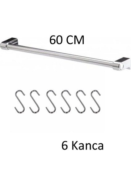 Mutfak Askılık - Banyo- Askılık Genel Amaçlı Duvar Askısı Krom 60 cm Boru 6 Adet Askı