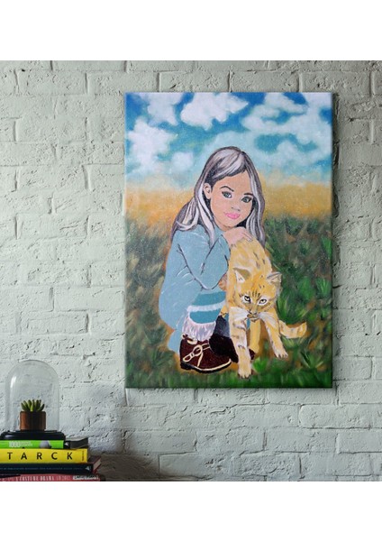 El Yapımı Küçük Kız ve Kedisi Akrilik Tuval Tablo (30X50 Cm)
