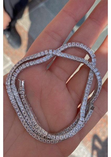 Gümüş Kare Taşlı Su Yolu 45 cm Bileklik DY56E236