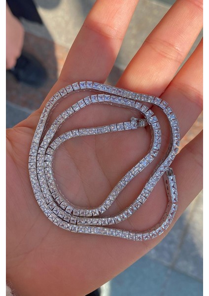Gümüş Kare Taşlı Su Yolu 45 cm Bileklik DY56E236