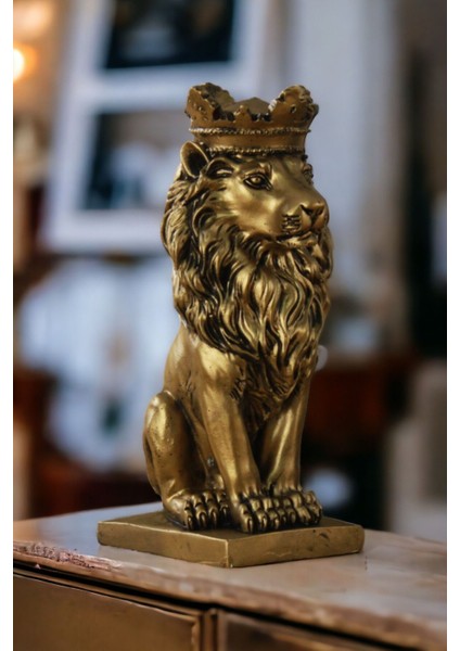 Biblo Dekoratif Heykel Taçlı Aslan Biblosu Altın Eskitme Model 34
