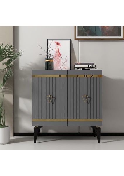 Mabel Konsol Tv Sehpası Çok Amaçlı Dolap 75 cm Antrasit Altın