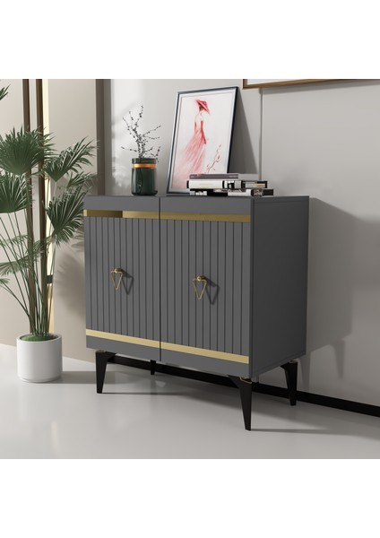 Mabel Konsol Tv Sehpası Çok Amaçlı Dolap 75 cm Antrasit Altın