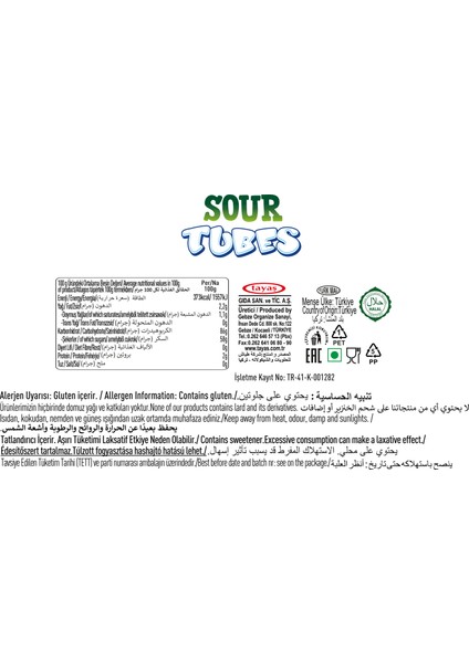 Damla Sour Tubes Licorice Kolalı Jel Şeker Poşet 30 gr x 24 Adet Kutulu