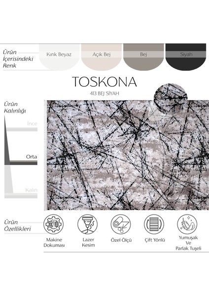 Toskona 413 Bej Siyah Salon Halısı Lazer Kesim Koridor Halısı Kesme Halı Yolluk Yatak Odası Halısı fiyatları