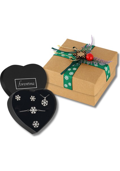 Gümüş Kaplama Kar Tanesi Kolye Küpe Bileklik Yüzük Özel Yılbaşı Kutusunda Hediye Set PS3306