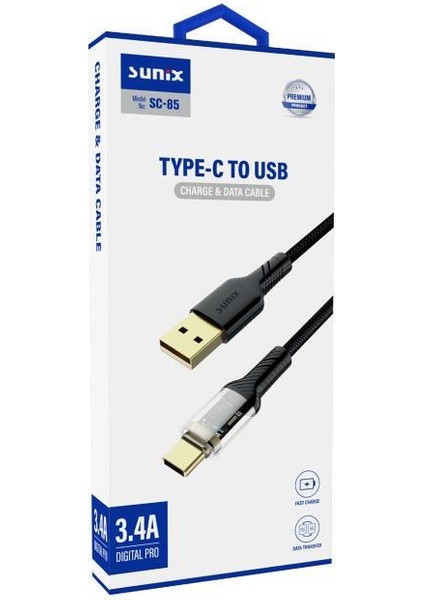 3.4A Type-C Şarj ve Data Kablosu Siyah Sc-85