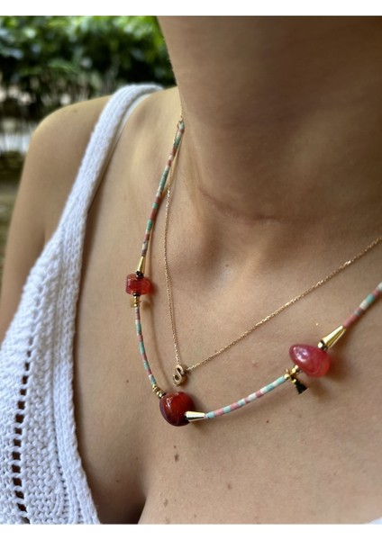 Doğal Taşlı Kırmızı Bordo Boncuk Kolye