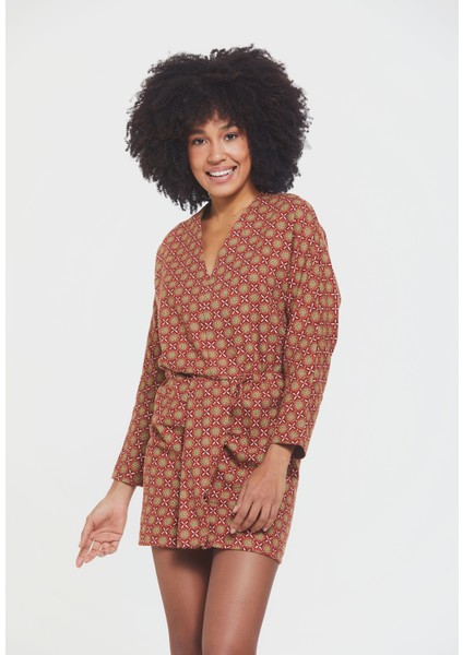 Etek Önü Detaylı Mini Boy Bohem Elbise Kahverengi