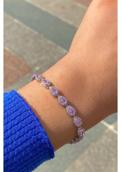 Gümüş Pembe Damla Taşlı Bileklik DY56E23