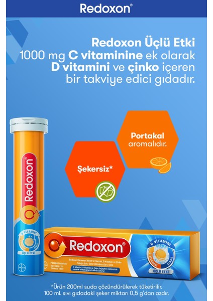 Üçlü Etki 15 Efervesan Tablet I 1000 mg C Vitamini, D Vitamini ve Çinko İçeren Takviye Edici Gıda