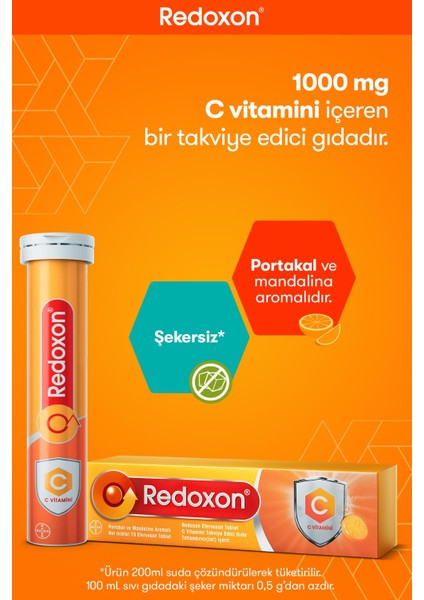 C Vitamini 15 Efervesan Tablet I 1000 mg C Vitamini İçeren Takviye Edici Gıda