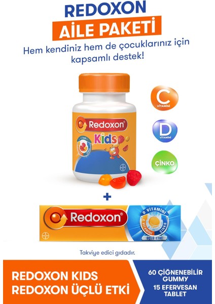 Kids+ Redoxon Üçlü Etki 15 Efervesan Tablet (Aile Paketi) I C Vitamini, D Vitamini Ve Çinko Içeren Takviye Edici