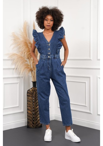 Kadın Fırfır Detaylı Kolsuz Mom Kalıp Denim Tulum