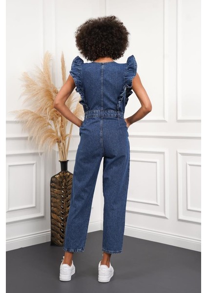Kadın Fırfır Detaylı Kolsuz Mom Kalıp Denim Tulum