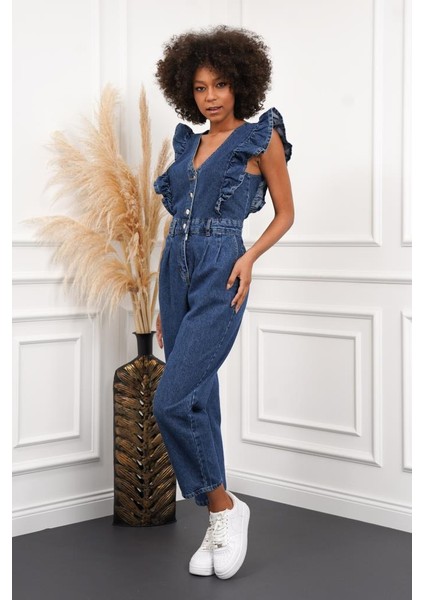 Kadın Fırfır Detaylı Kolsuz Mom Kalıp Denim Tulum