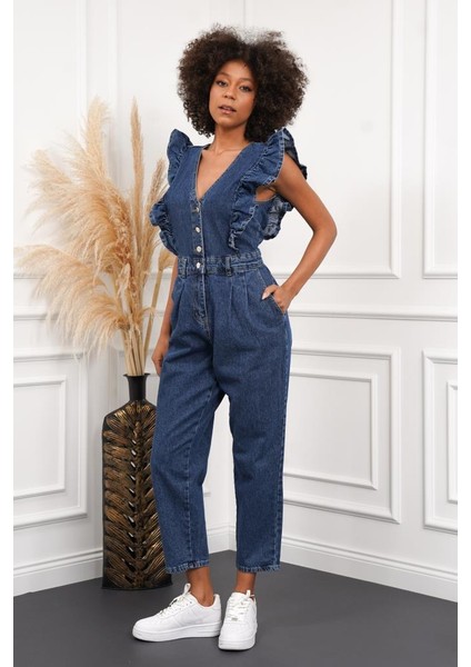 Kadın Fırfır Detaylı Kolsuz Mom Kalıp Denim Tulum
