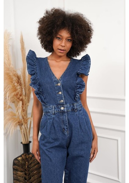 Kadın Fırfır Detaylı Kolsuz Mom Kalıp Denim Tulum