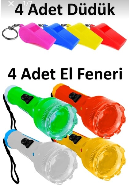 Plastik Küçük LED El Feneri 4 Adet - Düdük 4 Adet