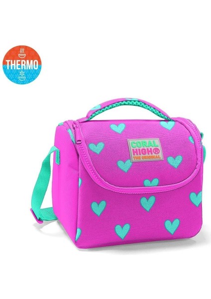Kids Neon Pembe Su Yeşili Kalp Desenli Thermo Beslenme Çantası 11806