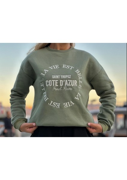 2530 Baskılı Kadın Haki Sweatshirt