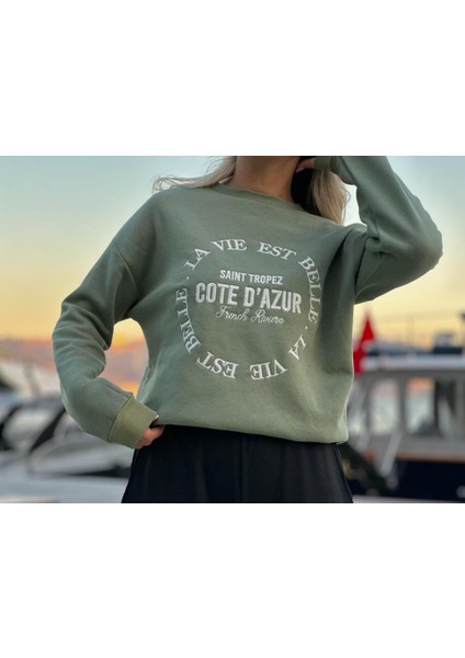 2530 Baskılı Kadın Haki Sweatshirt