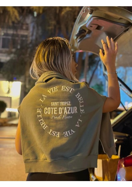 2530 Baskılı Kadın Haki Sweatshirt