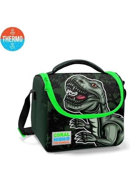 Kids Koyu Yeşil Siyah Dinazor Desenli Thermo Beslenme Çantası 11725