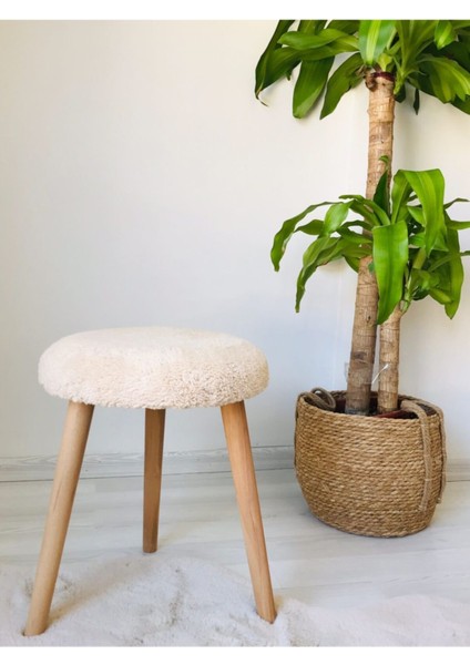 Tekno Trust Gürgen Ahşap Retro Ayak Dekoratif Krem Peluş Puf Tabure Bench Koltuk Sandalye