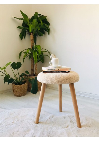 Tekno Trust Gürgen Ahşap Retro Ayak Dekoratif Krem Peluş Puf Tabure Bench Koltuk Sandalye