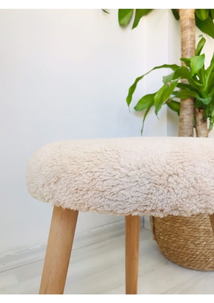 Tekno Trust Gürgen Ahşap Retro Ayak Dekoratif Krem Peluş Puf Tabure Bench Koltuk Sandalye