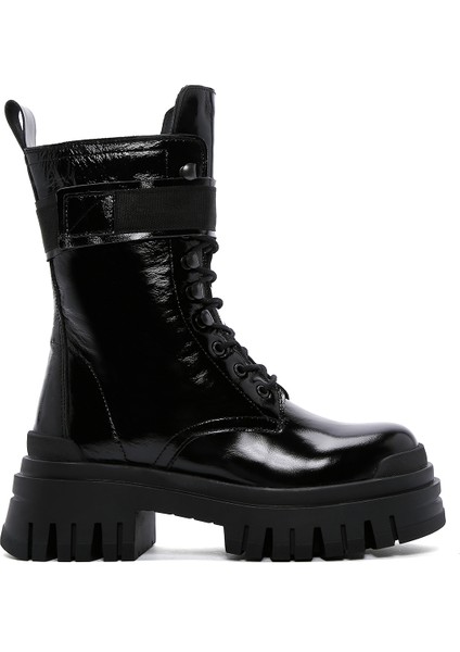 Kadın Siyah Rugan Deri Kalın Tabanlı Postal Bot