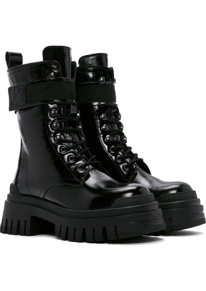 Kadın Siyah Rugan Deri Kalın Tabanlı Postal Bot fırsatları