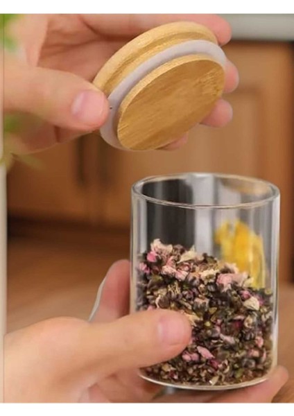 12'li Bambu Kapaklı Yuvarlak Termisil Baharatlık Kavanoz 6X8CM 12 Adet Vakumlu Kapak