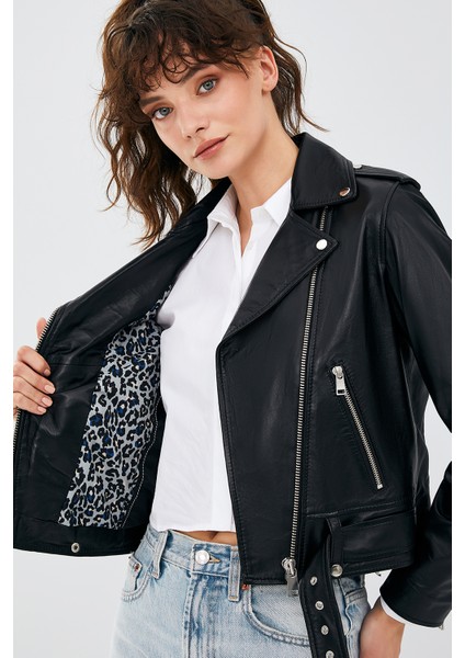 Newage Kadın Siyah Biker Deri Ceket