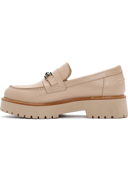 Kadın Bej Kalın Tabanlı Deri Maskülen Loafer
