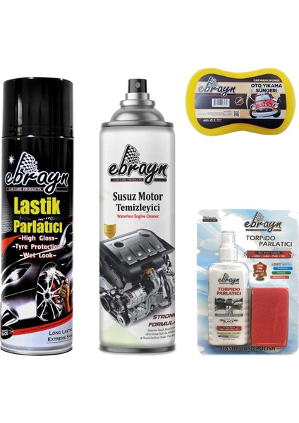 Susuz Motor Temizleyici + Lastik Parlatıcı + Torpido Parlatıcı Süt Silikon + Sünger - 4 Parça