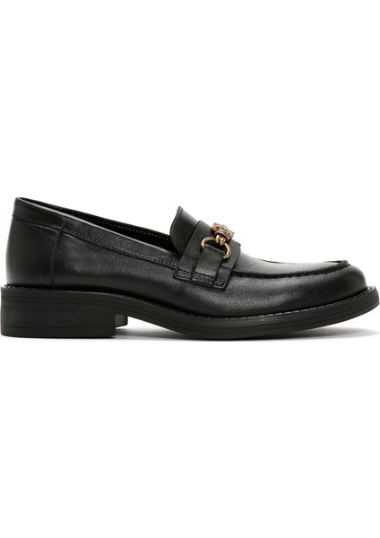 Kadın Siyah Toka Detaylı Deri Maskülen Loafer