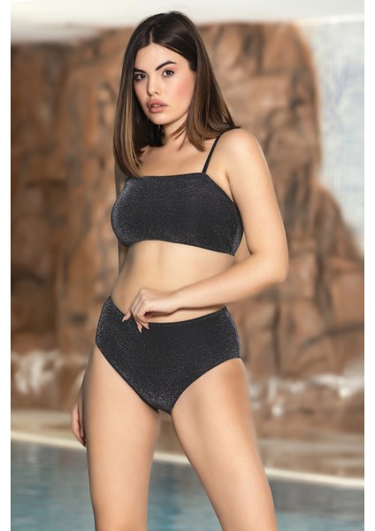Kadın Siyah Simli Dolgulu Ayarlanabilir Askılı Bikini Takım HZL24S-AR1654